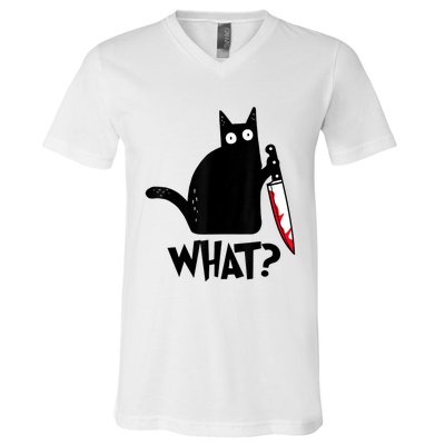 Cat What? Funny Black Cat Murderous Cat With Knife V-Neck T-Shirt