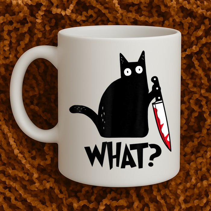 Cat What? Funny Black Cat Murderous Cat With Knife Mug