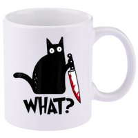Cat What? Funny Black Cat Murderous Cat With Knife 11oz C Handle Ceramic Mug