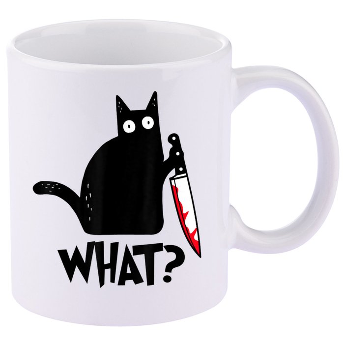 Cat What? Funny Black Cat Murderous Cat With Knife 11oz C Handle Ceramic Mug