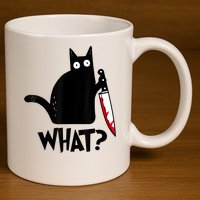 Cat What? Funny Black Cat Murderous Cat With Knife 11oz C Handle Ceramic Mug