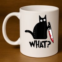 Cat What? Funny Black Cat Murderous Cat With Knife 11oz C Handle Ceramic Mug