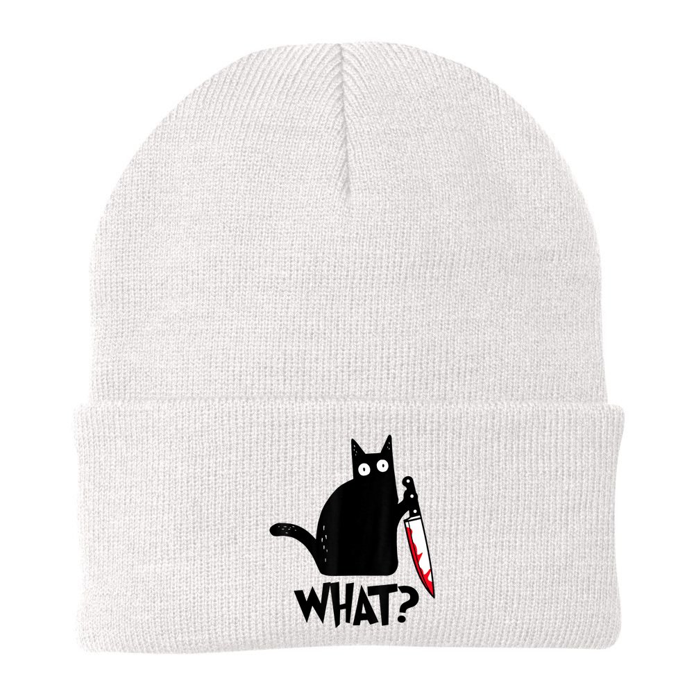 Cat What? Funny Black Cat Murderous Cat With Knife Beanie