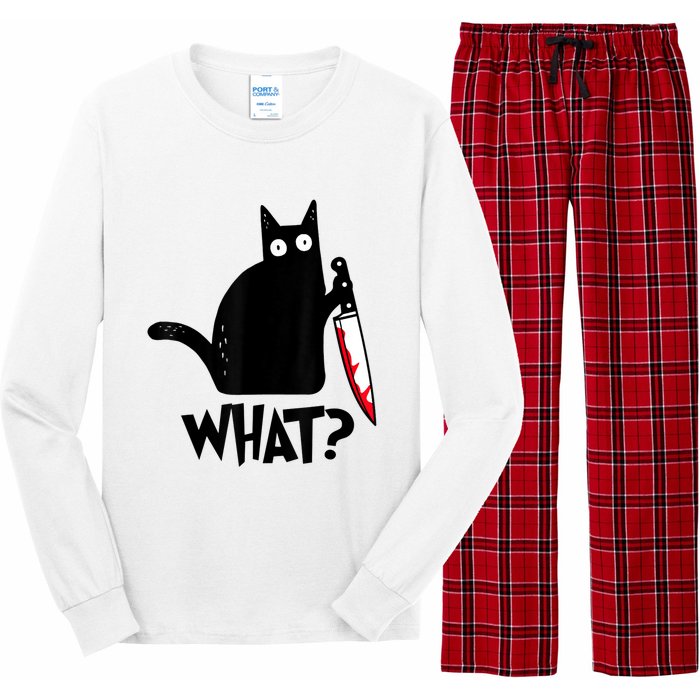 Cat What? Funny Black Cat Murderous Cat With Knife Long Sleeve Pajama Set