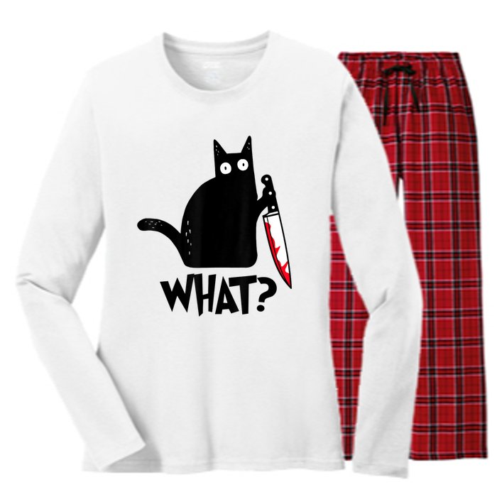 Cat What? Funny Black Cat Murderous Cat With Knife Women's Long Sleeve Flannel Pajama Set 