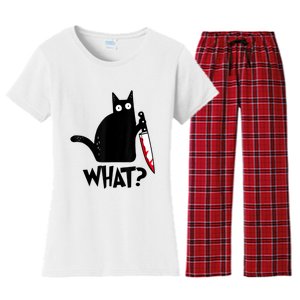 Cat What? Funny Black Cat Murderous Cat With Knife Women's Flannel Pajama Set