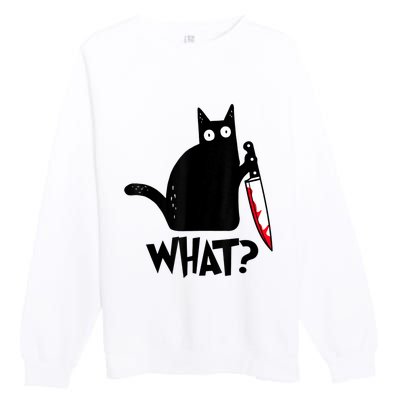 Cat What? Funny Black Cat Murderous Cat With Knife Premium Crewneck Sweatshirt