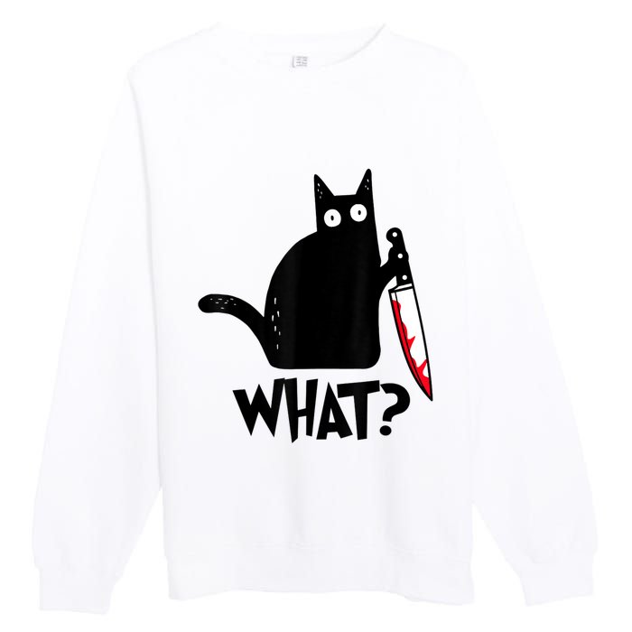 Cat What? Funny Black Cat Murderous Cat With Knife Premium Crewneck Sweatshirt