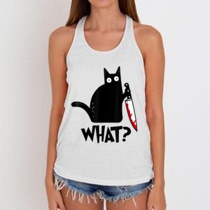 Cat What? Funny Black Cat Murderous Cat With Knife Women's Knotted Racerback Tank