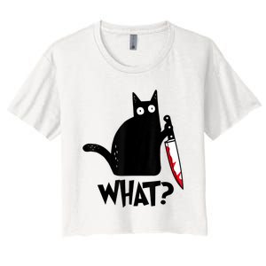 Cat What? Funny Black Cat Murderous Cat With Knife Women's Crop Top Tee