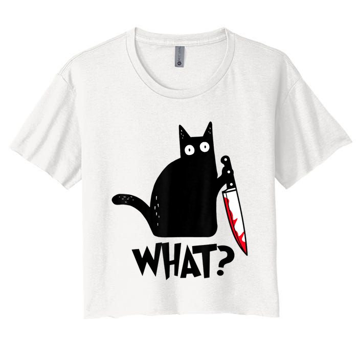 Cat What? Funny Black Cat Murderous Cat With Knife Women's Crop Top Tee