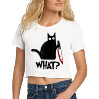 Cat What? Funny Black Cat Murderous Cat With Knife Crop Top