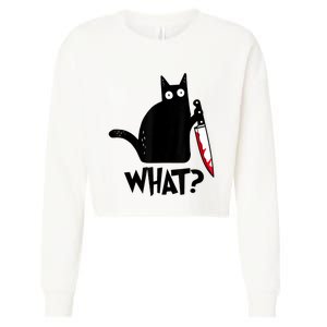 Cat What? Funny Black Cat Murderous Cat With Knife Cropped Pullover Crew