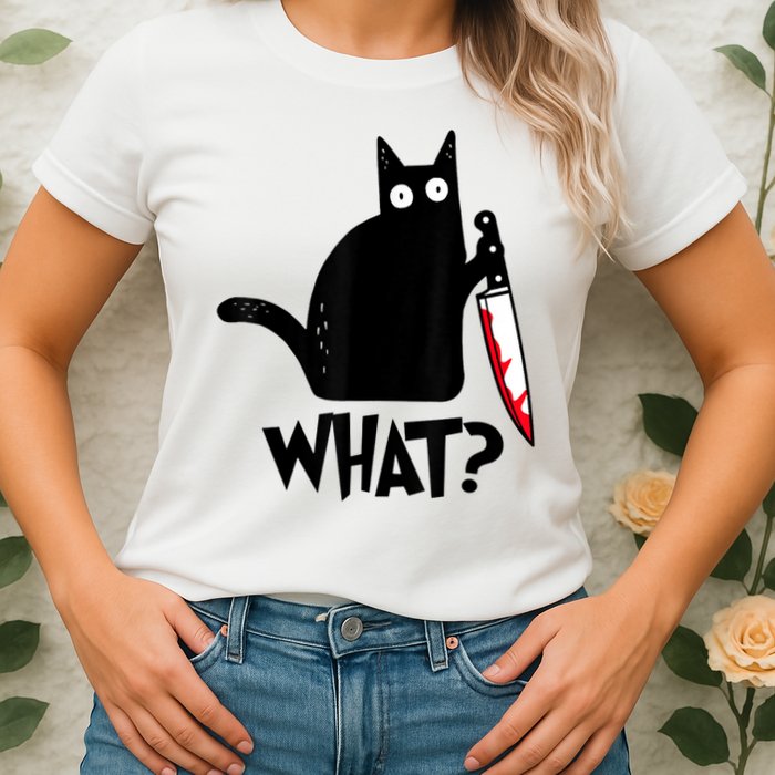 Cat What? Funny Black Cat Murderous Cat With Knife Womens T-Shirt