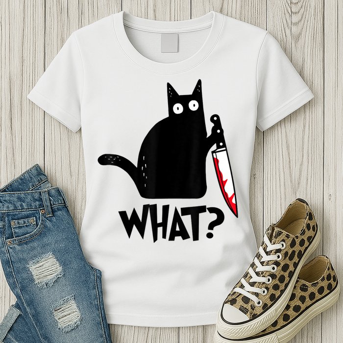 Cat What? Funny Black Cat Murderous Cat With Knife Womens T-Shirt