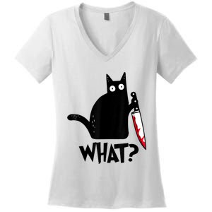 Cat What? Funny Black Cat Murderous Cat With Knife Women's V-Neck T-Shirt