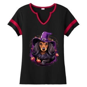 Cute Witch Funny Dachshund Halloween Costume Dog Lover Ladies Halftime Notch Neck Tee