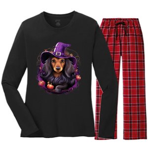 Cute Witch Funny Dachshund Halloween Costume Dog Lover Women's Long Sleeve Flannel Pajama Set 