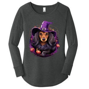 Cute Witch Funny Dachshund Halloween Costume Dog Lover Women's Perfect Tri Tunic Long Sleeve Shirt