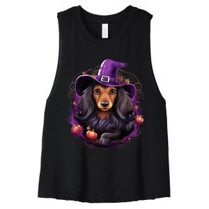 Cute Witch Funny Dachshund Halloween Costume Dog Lover Women's Racerback Cropped Tank