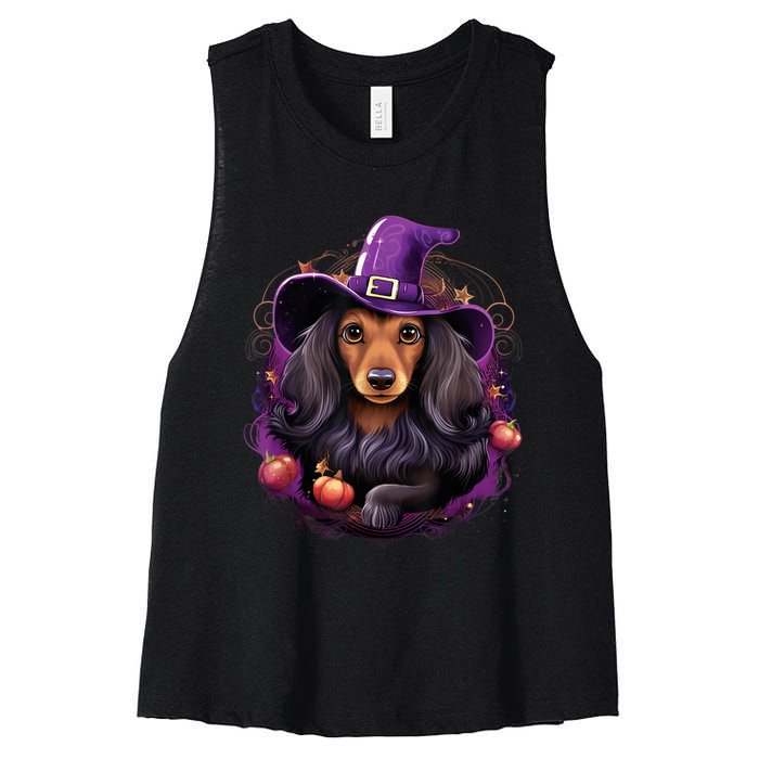 Cute Witch Funny Dachshund Halloween Costume Dog Lover Women's Racerback Cropped Tank