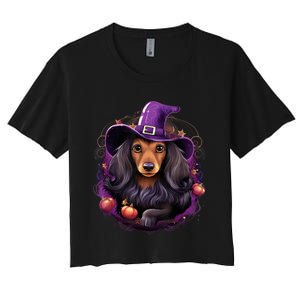 Cute Witch Funny Dachshund Halloween Costume Dog Lover Women's Crop Top Tee