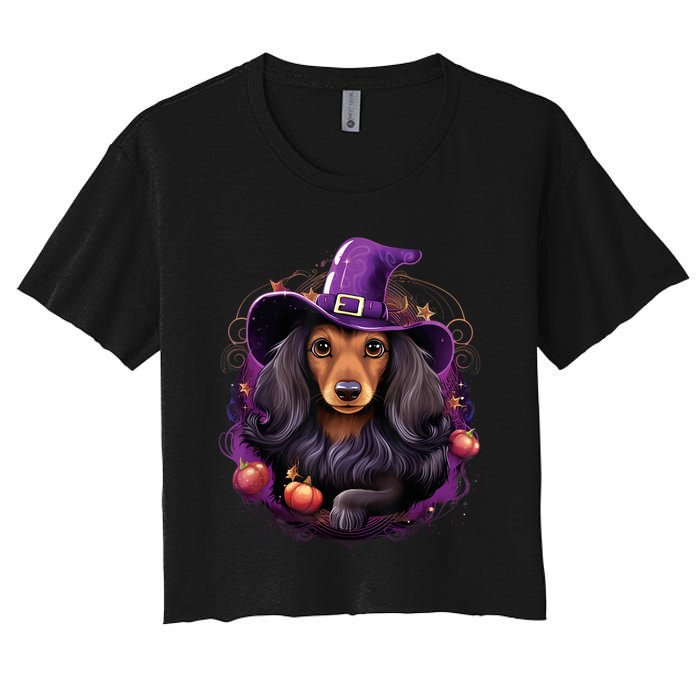 Cute Witch Funny Dachshund Halloween Costume Dog Lover Women's Crop Top Tee