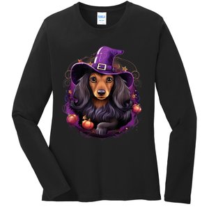 Cute Witch Funny Dachshund Halloween Costume Dog Lover Ladies Long Sleeve Shirt