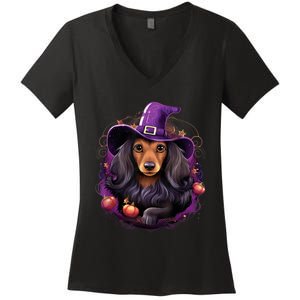 Cute Witch Funny Dachshund Halloween Costume Dog Lover Women's V-Neck T-Shirt