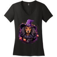 Cute Witch Funny Dachshund Halloween Costume Dog Lover Women's V-Neck T-Shirt