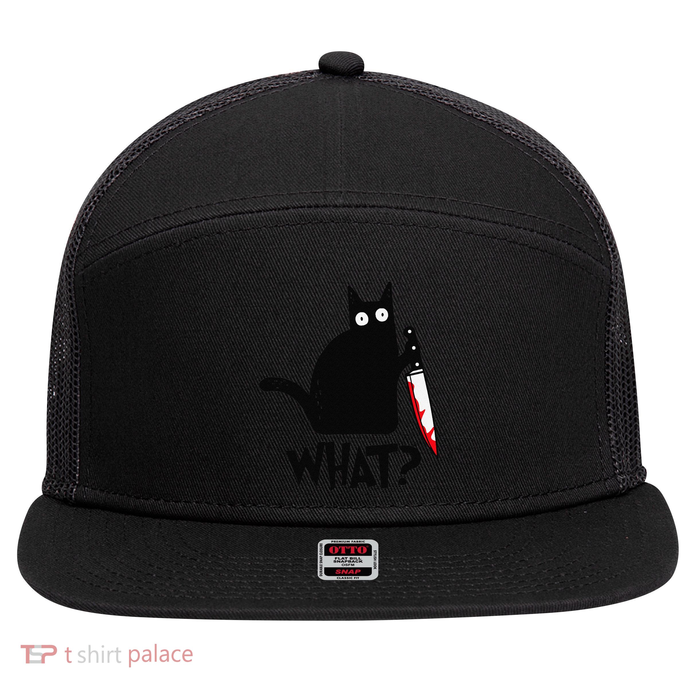 Cat What Funny Black Cat Murderous Cat With Knife 7 Panel Mesh Trucker Snapback Hat