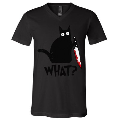 Cat What Funny Black Cat Murderous Cat With Knife V-Neck T-Shirt