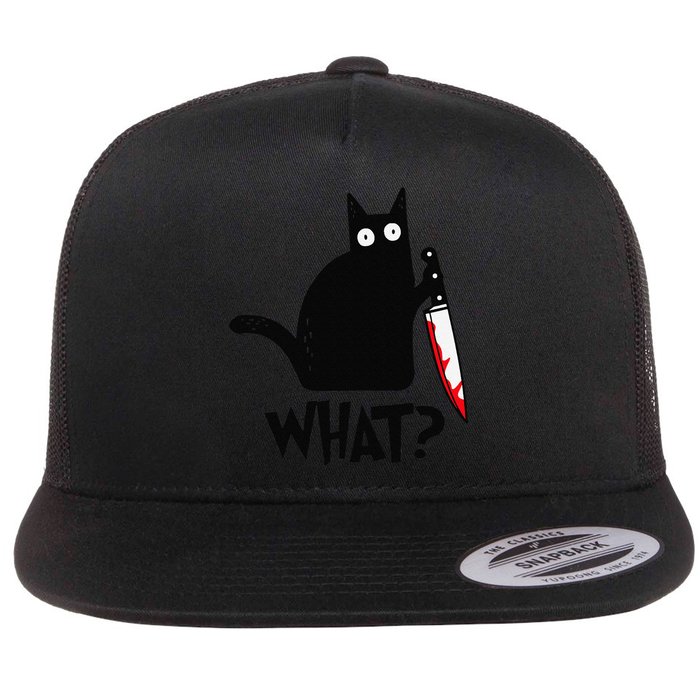 Cat What Funny Black Cat Murderous Cat With Knife Flat Bill Trucker Hat