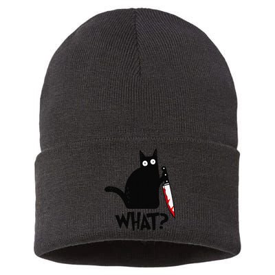 Cat What Funny Black Cat Murderous Cat With Knife Sustainable Knit Beanie