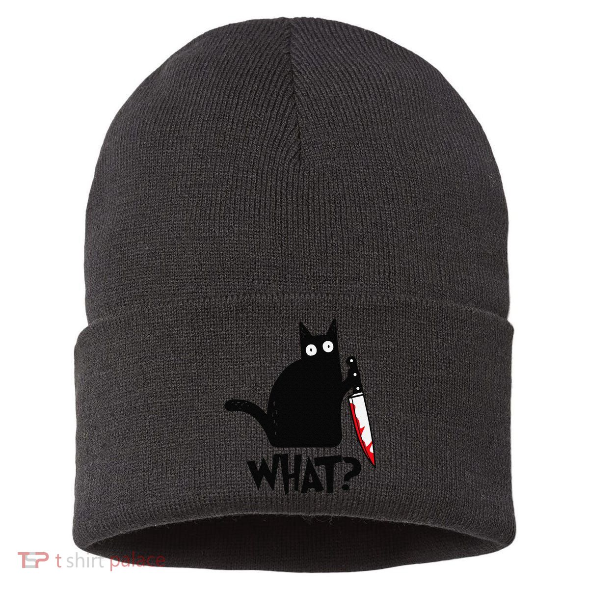 Cat What Funny Black Cat Murderous Cat With Knife Sustainable Knit Beanie