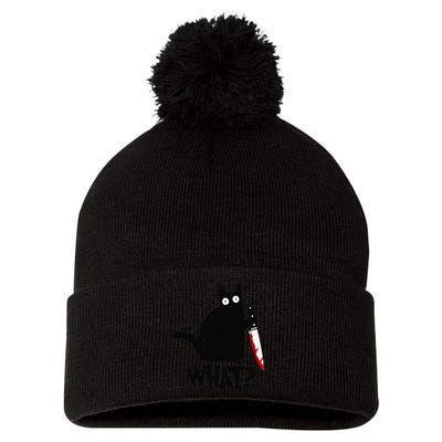Cat What Funny Black Cat Murderous Cat With Knife Pom Pom 12in Knit Beanie