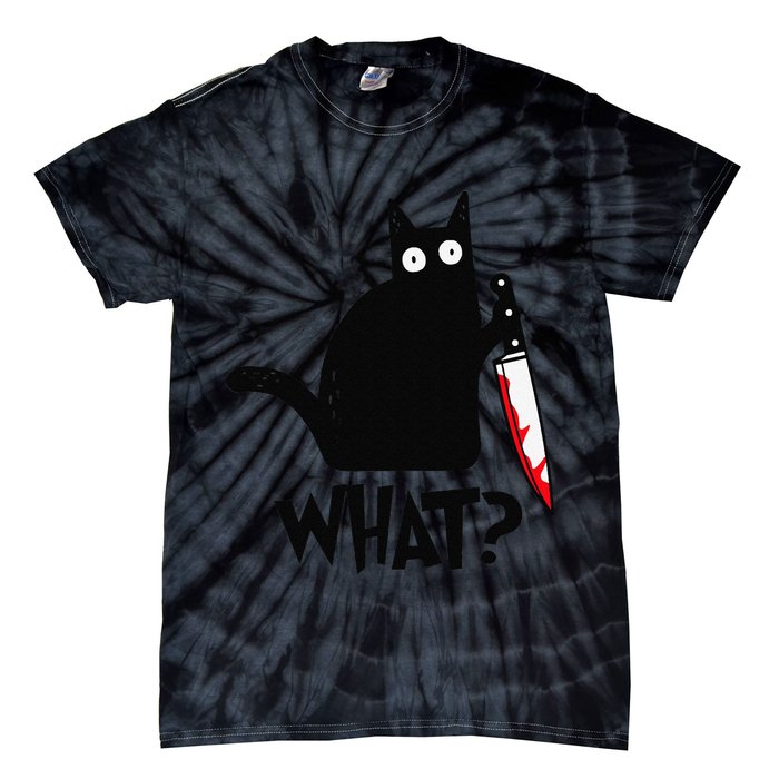 Cat What Funny Black Cat Murderous Cat With Knife Tie-Dye T-Shirt