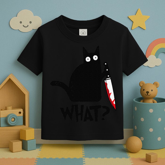 Cat What Funny Black Cat Murderous Cat With Knife Toddler T-Shirt