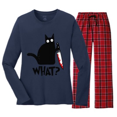 Cat What Funny Black Cat Murderous Cat With Knife Women's Long Sleeve Flannel Pajama Set 