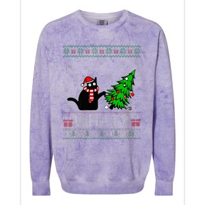 Cat What Funny Black Cat Pushing Christmas Tree Ugly Xmas Colorblast Crewneck Sweatshirt