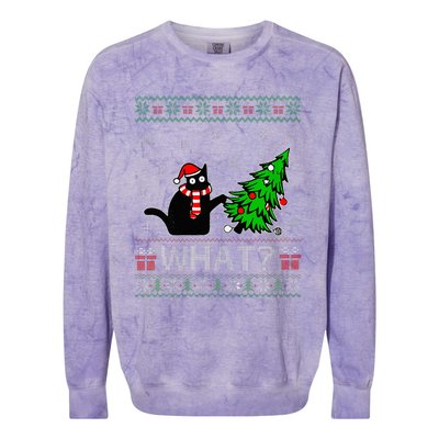 Cat What Funny Black Cat Pushing Christmas Tree Ugly Xmas Colorblast Crewneck Sweatshirt