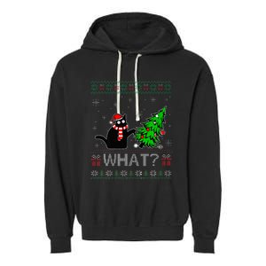 Cat What Funny Black Cat Pushing Christmas Tree Ugly Xmas Garment-Dyed Fleece Hoodie