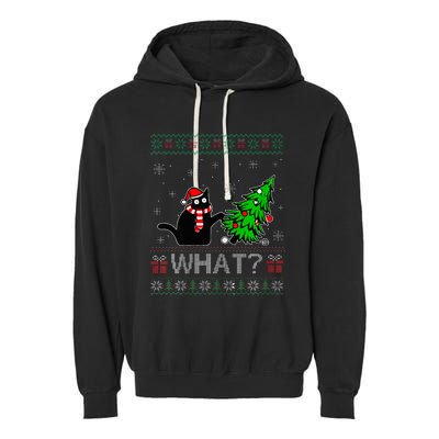 Cat What Funny Black Cat Pushing Christmas Tree Ugly Xmas Garment-Dyed Fleece Hoodie