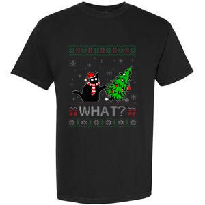 Cat What Funny Black Cat Pushing Christmas Tree Ugly Xmas Garment-Dyed Heavyweight T-Shirt