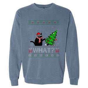 Cat What Funny Black Cat Pushing Christmas Tree Ugly Xmas Garment-Dyed Sweatshirt