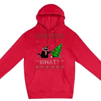 Cat What Funny Black Cat Pushing Christmas Tree Ugly Xmas Premium Pullover Hoodie