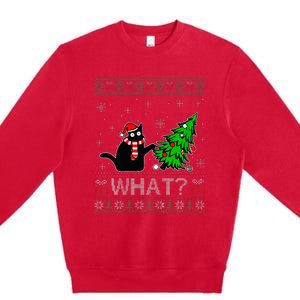 Cat What Funny Black Cat Pushing Christmas Tree Ugly Xmas Premium Crewneck Sweatshirt