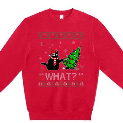 Cat What Funny Black Cat Pushing Christmas Tree Ugly Xmas Premium Crewneck Sweatshirt