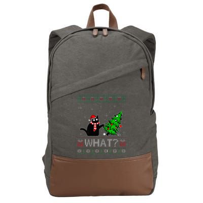 Cat What Funny Black Cat Pushing Christmas Tree Ugly Xmas Cotton Canvas Backpack