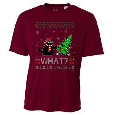 Cat What Funny Black Cat Pushing Christmas Tree Ugly Xmas Cooling Performance Crew T-Shirt